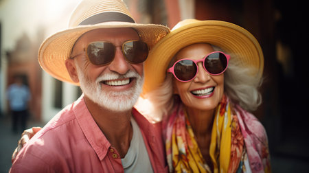 Stylish senior attractive couple are waiting in airport to fly on a weekendの素材