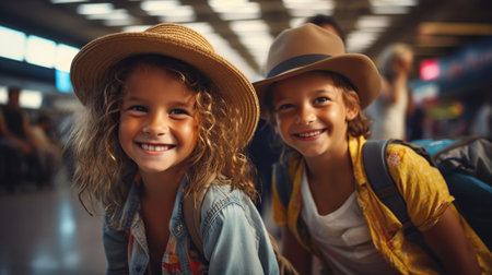 Young cheerful children are waiting for the arrival of the plane in the airport terminalの素材