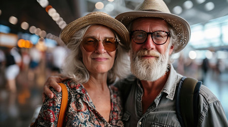 A cheerful portrait of elder couple travelers in airport going on vacationsの素材