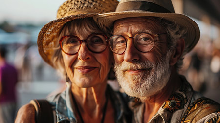 A cheerful portrait of elder couple travelers in airport going on vacationsの素材