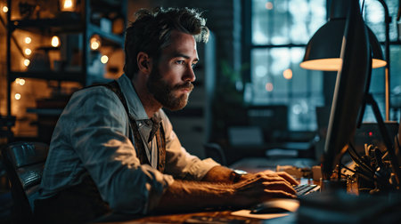 Office worker sitting at desktop and out of his monitorの素材