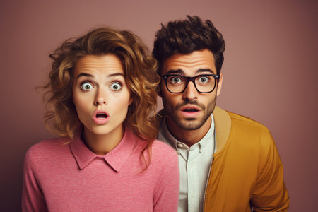 Portrait of young stylish couple nerdy man and woman looking surprised at cameraの素材