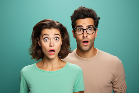 Portrait of young stylish couple nerdy man and woman looking surprised at cameraの素材