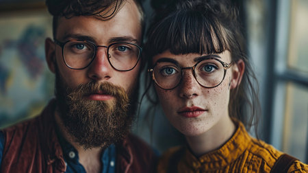 Close up Portrait of a millennials couple in image glassesの素材