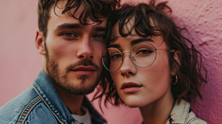 Portrait of young couple of man and woman with modern nerd look, looking at cameraの素材