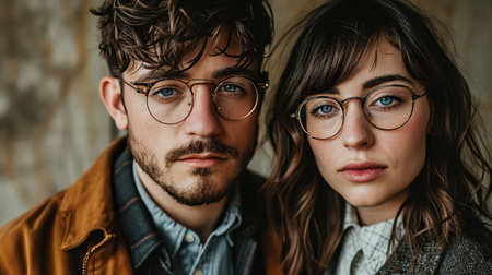 Close up Portrait of a millennials couple in image glassesの素材