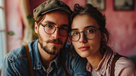Close up Portrait of a millennials couple in image glassesの素材