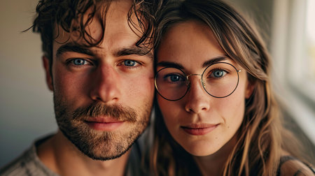 Portrait of young couple of man and woman with modern nerd look, looking at cameraの素材