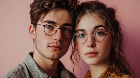 Close up Portrait of a millennials couple in image glassesの素材