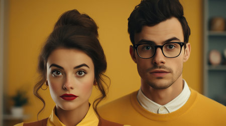 Portrait of young couple of man and woman with modern nerd look, looking at cameraの素材