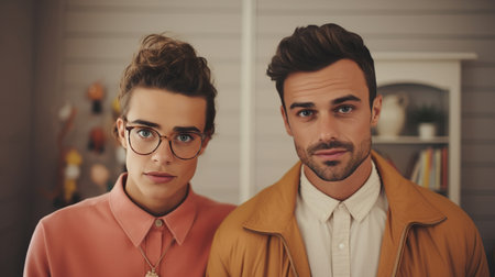 Portrait of young couple of man and woman with modern nerd look, looking at cameraの素材