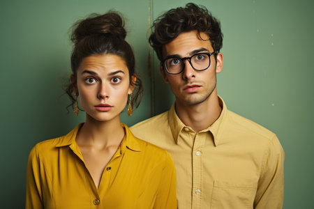 Portrait of European young stylish couple of nerd man and woman, looking at cameraの素材