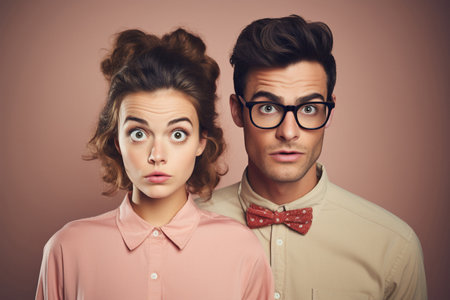 Portrait of young stylish couple of nerd man and woman, looking at cameraの素材
