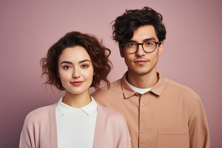 Portrait of young stylish couple of nerd man and woman, looking at cameraの素材