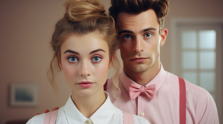 Portrait of young couple of man and woman with modern nerd look, looking at cameraの素材