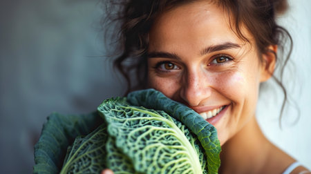 Portrait of young attractive woman with fresh cabbage in handsの素材