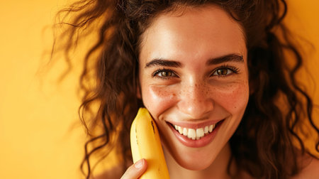 Portrait of young attractive woman with yellow ripe bananaの素材