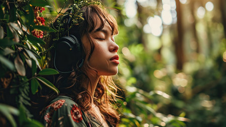 An attractive woman in headphones is listening to a music outdoor in natureの素材