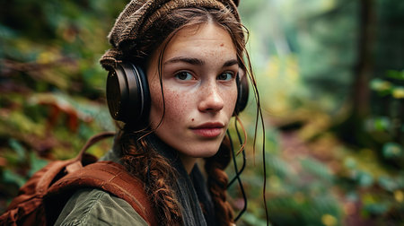 An attractive woman in headphones is listening to a music outdoor in natureの素材