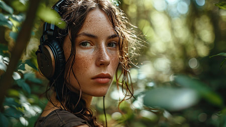 An attractive woman in headphones is listening to a music outdoor in natureの素材