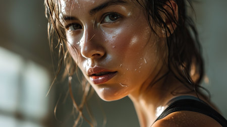 Close up portrait of attractive sporty young female isolated on light backgroundの素材
