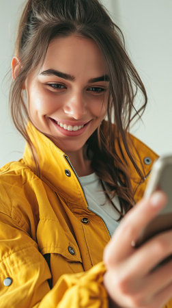 Portrait of cheerful young female using smartphoneの素材