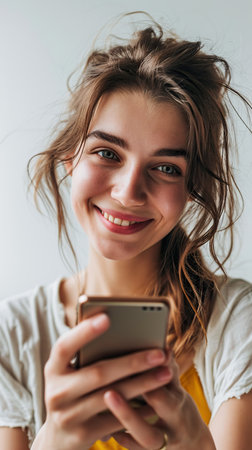 Portrait of cheerful young female using smartphoneの素材