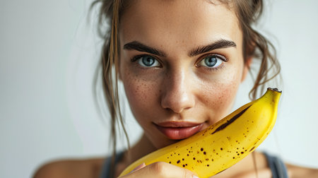 Close up portrait of attractive sport woman with yellow bananaの素材
