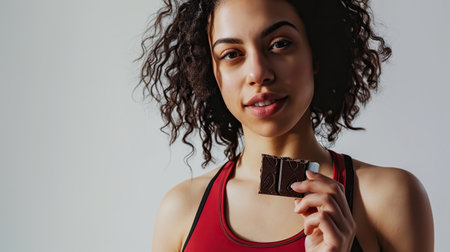 Sport athlete woman eats organic black chocolateの素材
