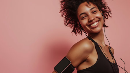 Portrait of cheerful sporty woman isolated on color backgroundの素材