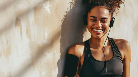 Pretty woman with athlete body listen music in headphones while sport trainingの素材