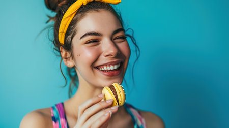 Joyful woman eats harmful calorie food as a dessert macaronの素材