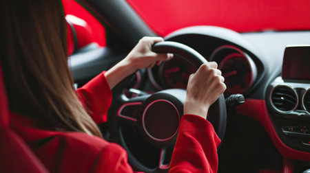 Stylish woman holding a steering wheel while driving a carの素材