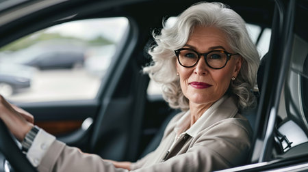 Confident and attractive senior business woman driving her carの素材