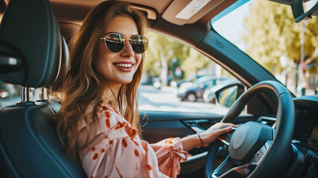 Attractive woman sitting in the drivers seat of a car. Outdoor portraitの素材