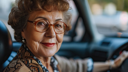 Attractive cute granny is driving a car on vacationの素材