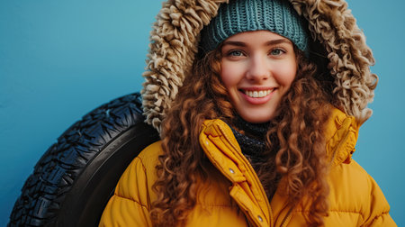 Happy female dressed in winter jacket and hat with winter car tire behindの素材