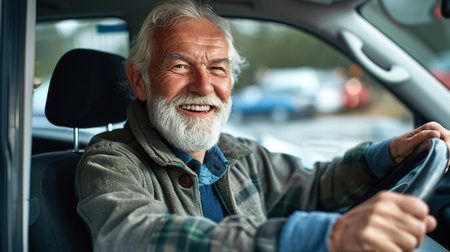 Happy old bearded man driving a car. Transportation conceptの素材