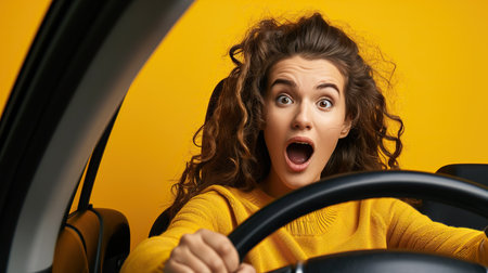 A confused woman is driving a carの素材