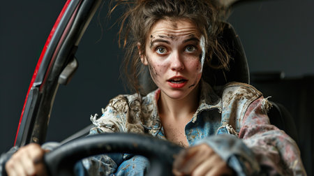 Confused woman with dirty face got into an accident while driving a carの素材