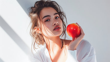 Attractive and joyful young female eats ripe apple isolated on white wall backdropの素材