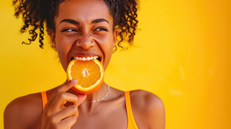 Attractive and joyful young female eat fresh orange isolated on yellow backgroundの素材