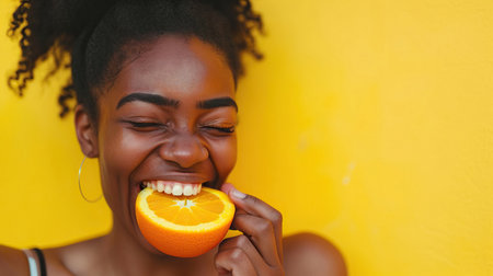 African American joyful young female eat fresh fruit isolated on yellow backgroundの素材