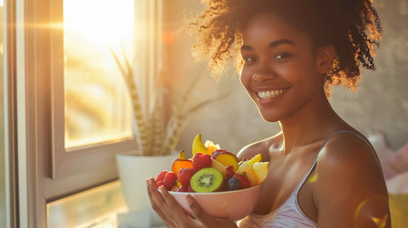Attractive and joyful young female prepared fresh fruit saladの素材