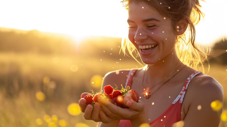 Attractive and joyful young female eat fresh fruit isolated on color backdropの素材
