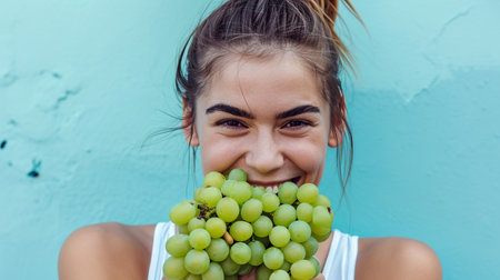 Attractive and joyful young woman holding a branch of ripe grapes, isolated on blue backgroundの素材