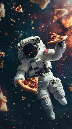 An astronaut holding a piece of delicious pizza in open space galaxyの素材