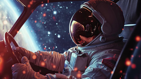 An astronaut drive cabriolet car in open space galaxyの素材
