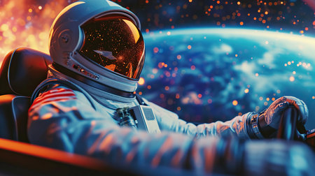 An astronaut drive cabriolet car in open space galaxyの素材