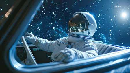 An astronaut drive cabriolet car in open space galaxyの素材